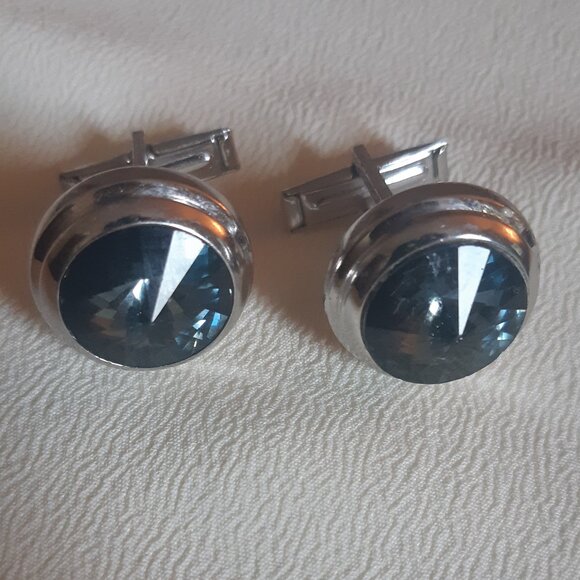 Vintage Blue Rivoli Glass Silver Tone 1/2 Inch Cuff Links - Picture 1 of 9